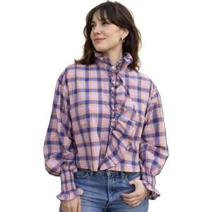 Upcycled Plaid Ruffle Blouse – Reworked Men’s Button-Up| One of a Kind